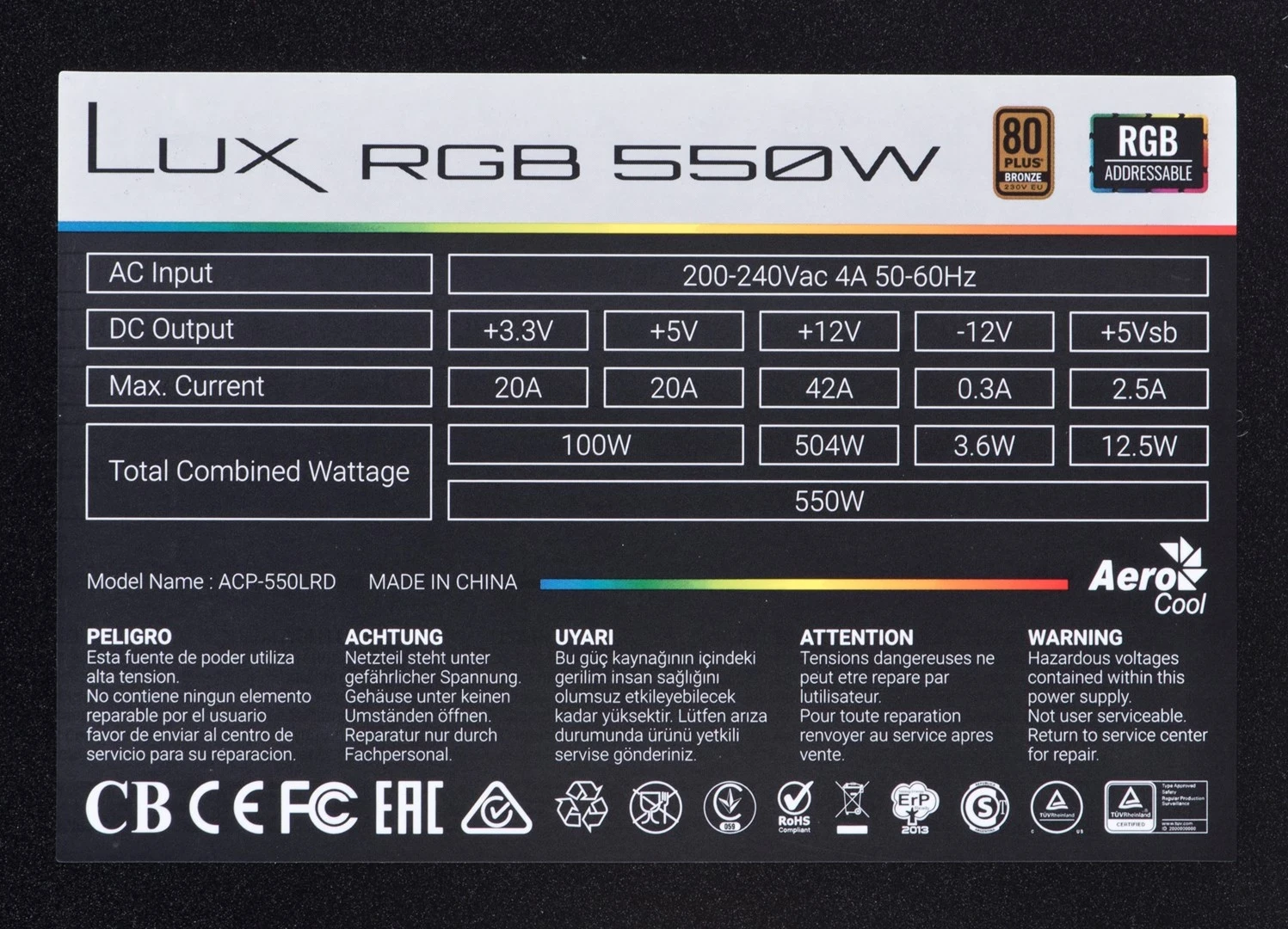 Napajalnik Aerocool Lux RGB 550M, 550 W