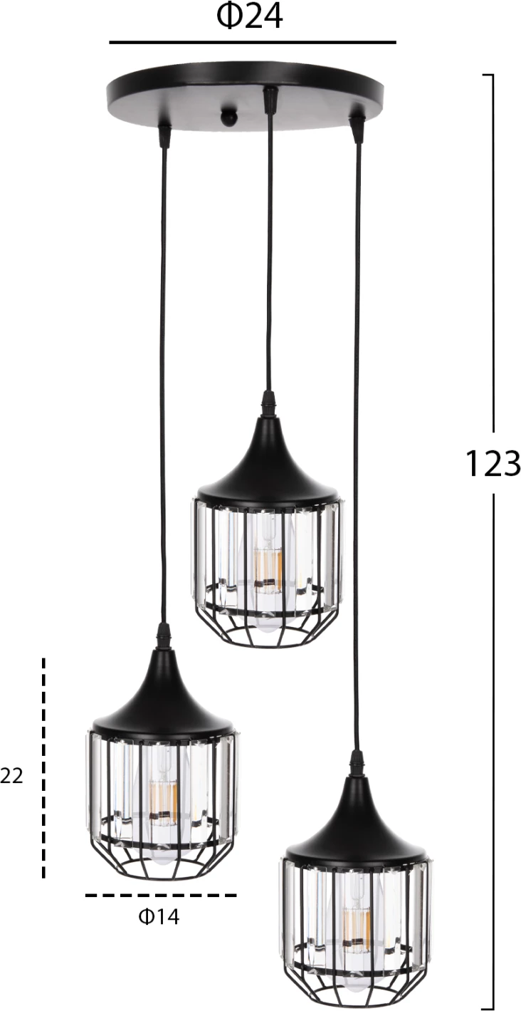 Stropna viseča svetilka FH4084 3-delni črni kovinsko-stekleni Φ14x123Hcm