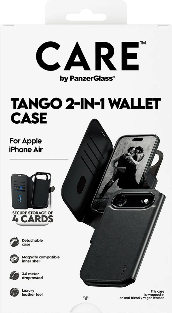 Ovitek za telefon 2-v-1 z denarnico, MagSafe PanzerGlass CARE Feature Case Tango za iPhone, črn