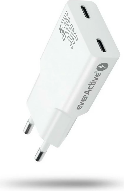 Stenski polnilnik GaN PD 30W, 2x USB-C, super tanek, bel, everActive SC-385Q