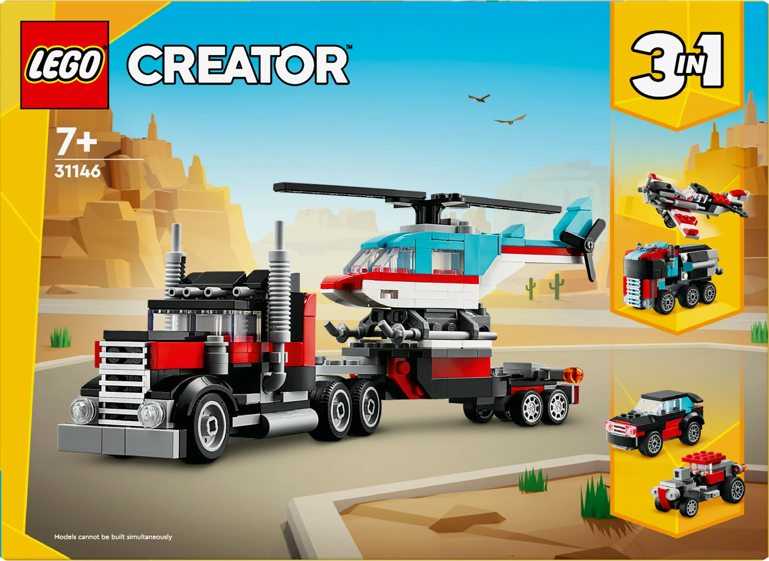 Set za gradnjo LEGO Creator 3 v 1, tovornjak s platformo in helikopter, 270 kosov, večbarven