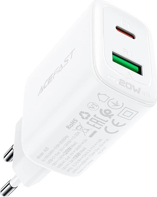 Hitro polnjenje Acefast A25, 20W, USB-C/USB-A, bel