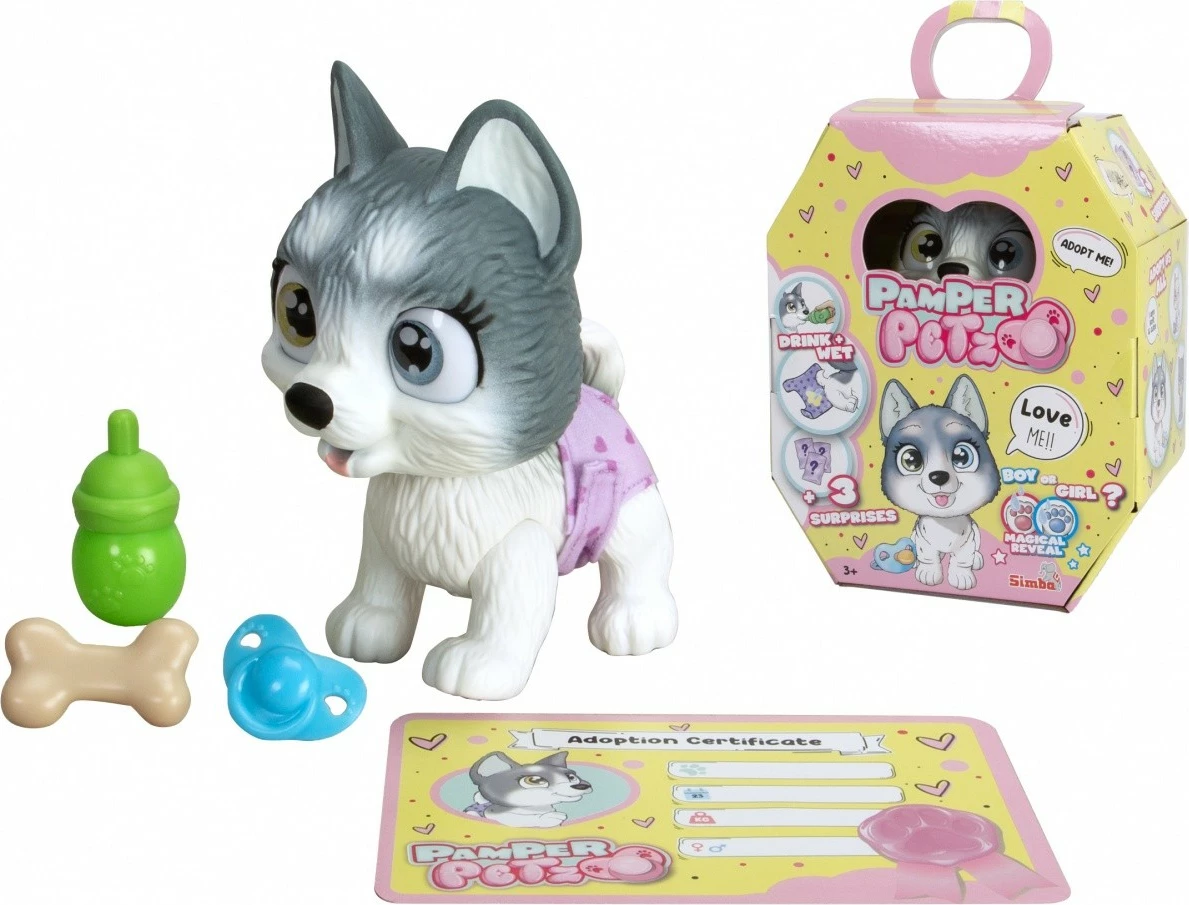 Igrača figurica husky Pamper Petz Simba, 15 cm, set z dodatki