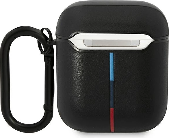 Ovitek za AirPods 1/2, BMW Leather Curved Line, s karabinerjem, črn