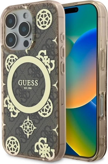 Ovitek za telefon MagSafe IML Peony On 4G, Guess, za iPhone 16 Pro Max, rjav
