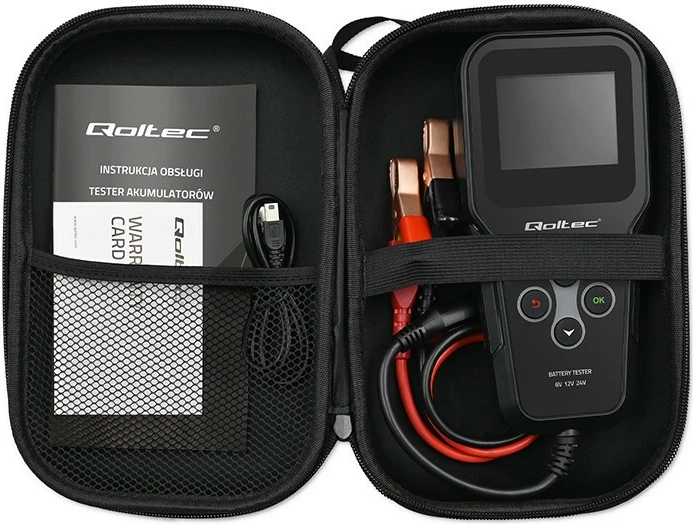 Tester akumulatorjev Qoltec 3-v-1, model 52489, LCD, 6V/12V/24V, črn, z etuijem