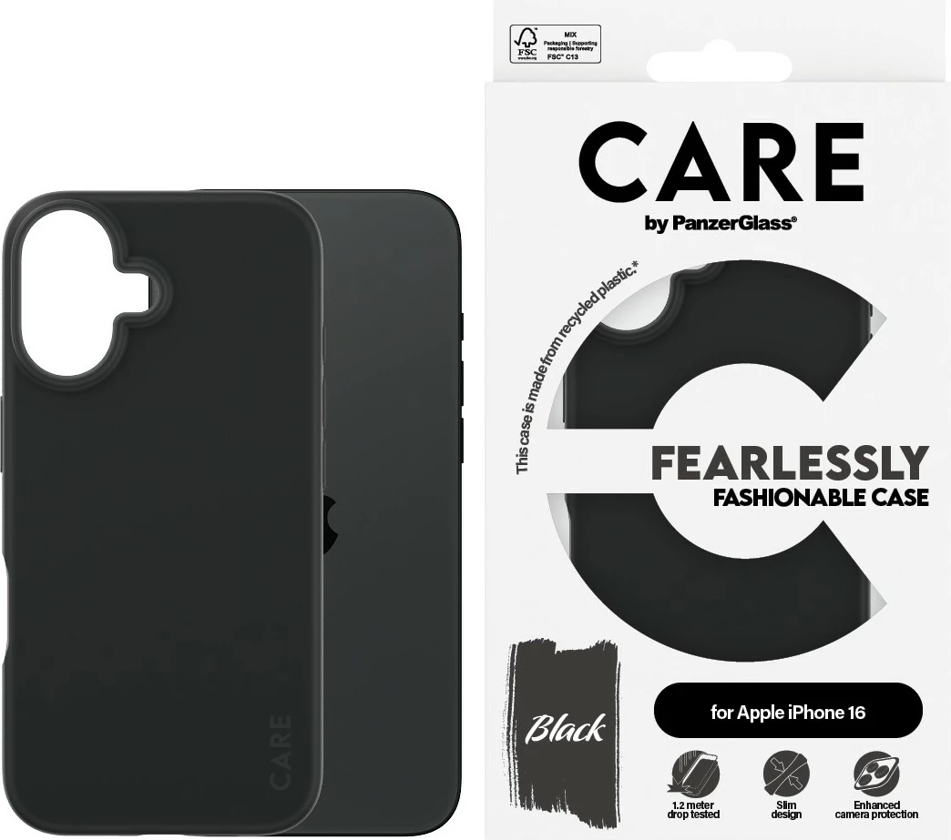 Zaščitni ovitek CARE Case Fashion za iPhone 16, PanzerGlass, silikon, črn
