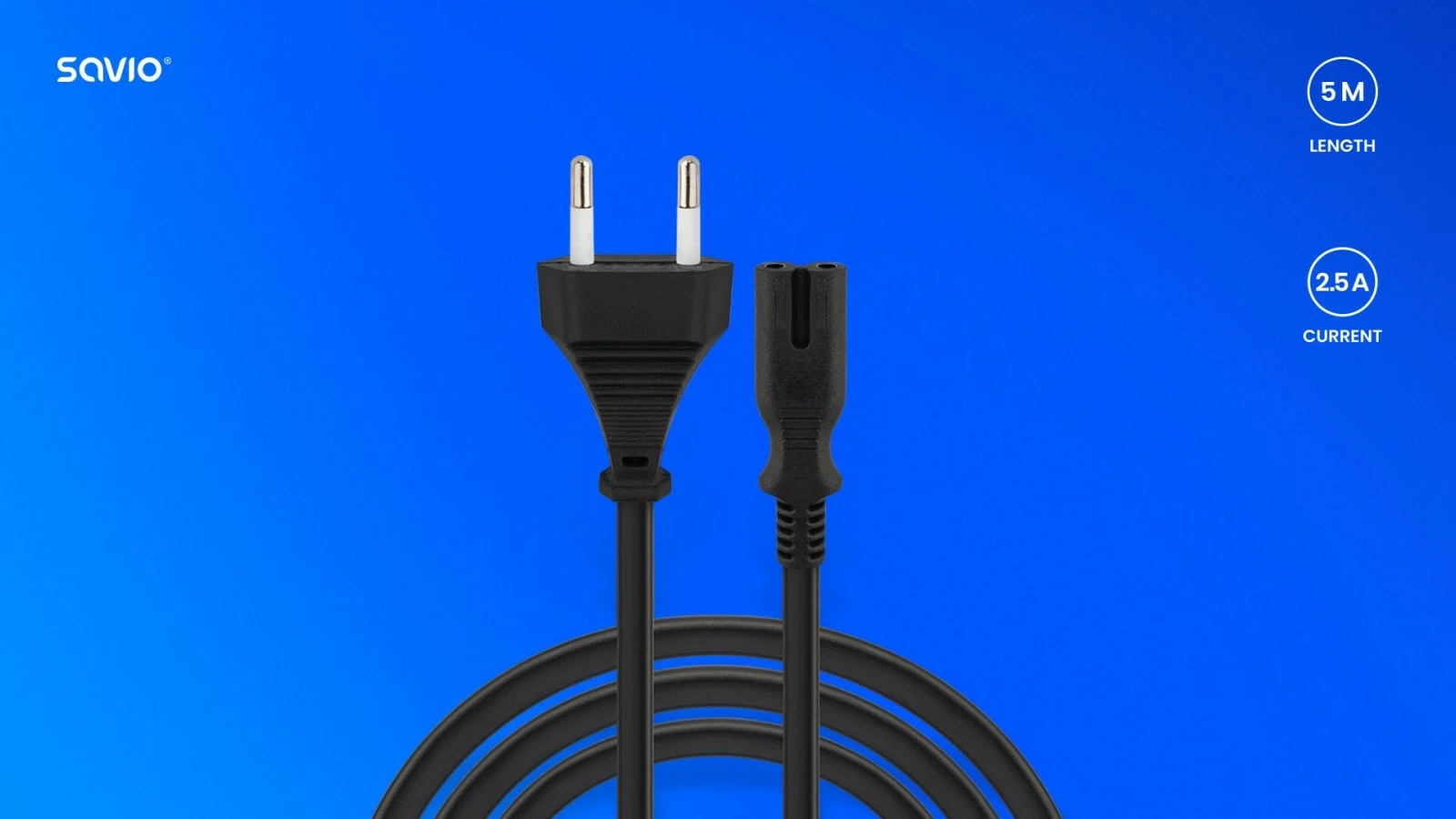 Napajalni kabel Savio CL-185, 2-polni, 5 m, črn