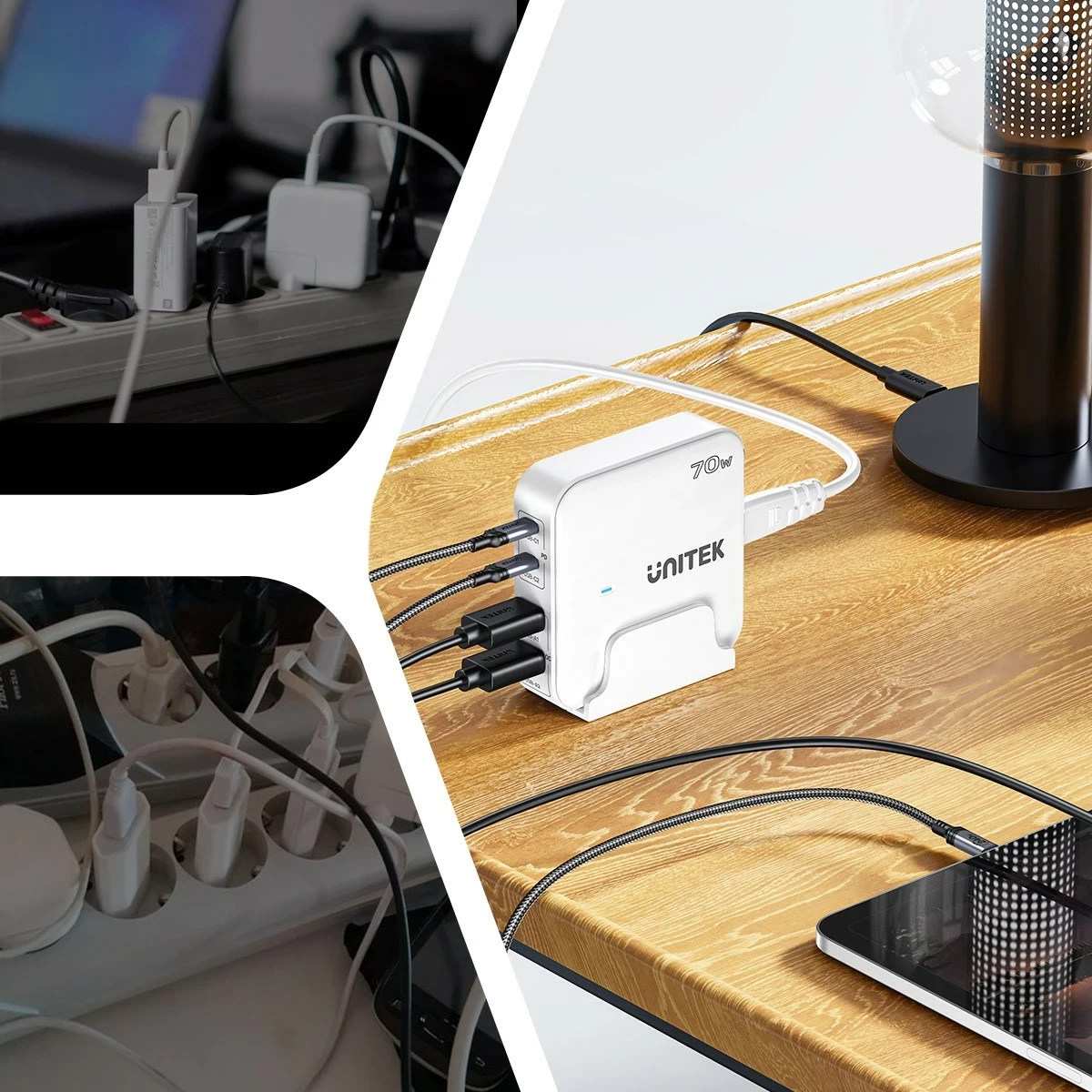 Močnikalni polnilec GaN 70W, 2x USB-A, 2x USB-C, bel Unitek
