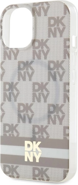 Zaščitni ovitek z vzorcem šahovnice in natisnjenimi črtami MagSafe za iPhone 15 Plus / 14 Plus, DKNY, bež
