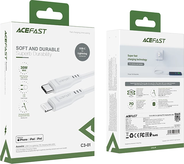 Kabel USB-C na Lightning, Acefast C3-01, 1,2 m, 30W, bel