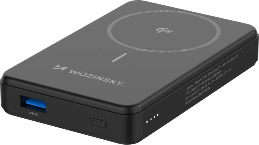 Zunanji akumulator Wozinsky WLWP-10KA0Y3S, 10.000 mAh, 22,5W PD, Qi2, s stojalom, črn