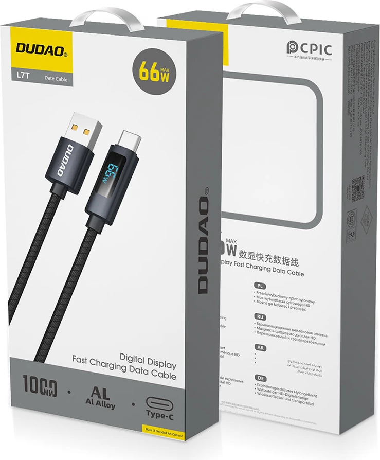 Kabel za hitro polnjenje USB-A v USB-C Dudao L7T, 1 m, 66W, z LED zaslonom, črn