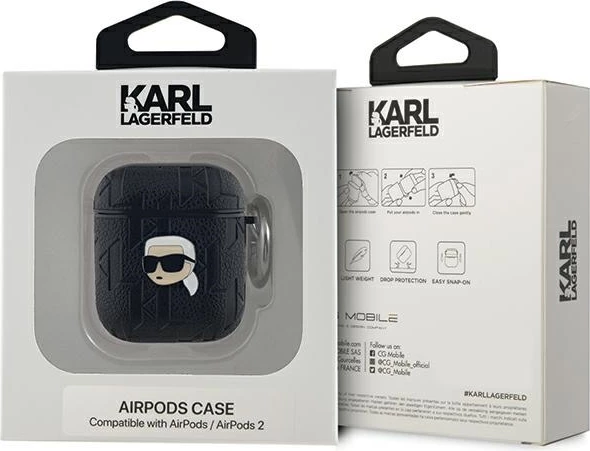 Ovitek za AirPods 1/2, Monogram Karl Head, Karl Lagerfeld, črn
