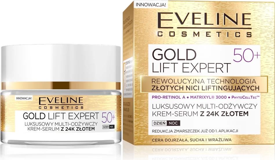 Kremni serum za obraz Gold Lift Expert 50+ z 24K zlatom, Eveline Cosmetics, za ženske, 50 ml