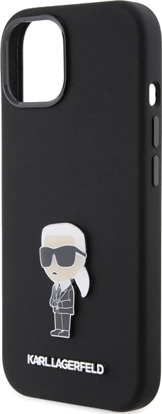 Ohišje iz silikona z ikoničnim kovinskim znakom Karl Lagerfeld za iPhone 15, črno