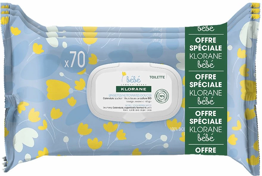 Nežne vlažne robčke za dojenčke Klorane Bebe Gentle Cleansing Wipes 3x70 kosov