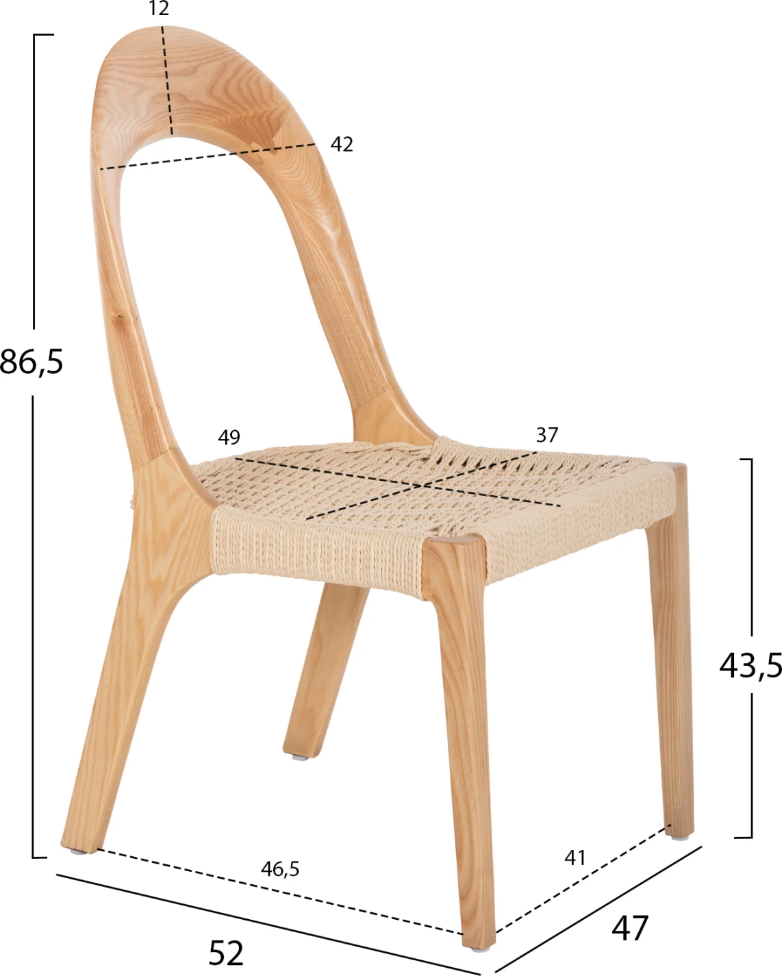 Stol iz jesenovega lesa in papirnate vrvi 47x52x86,5H cm