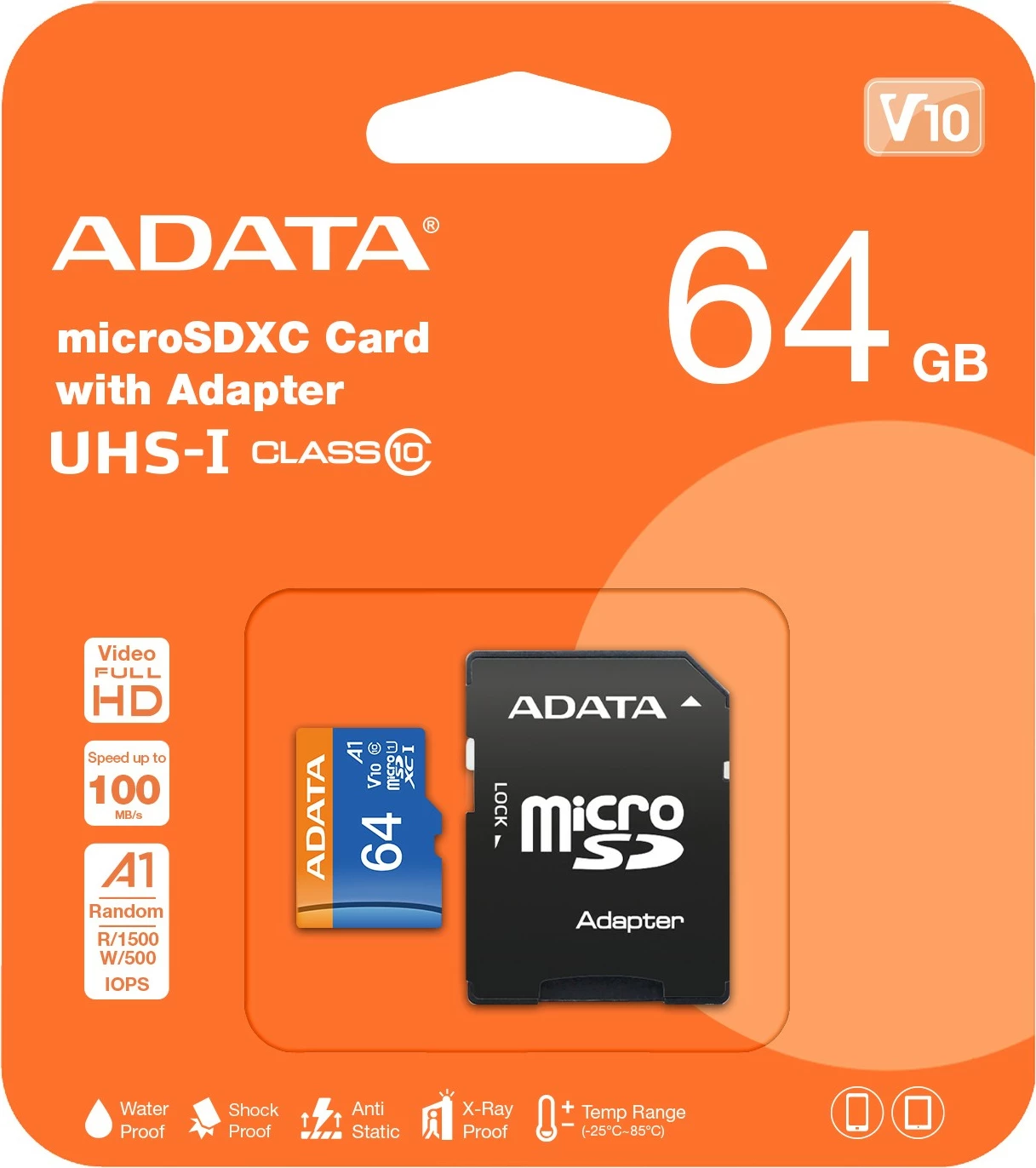 Kartica microSDHC 64GB, Class 10, UHS-I, z adapterjem, ADATA, črno/modra