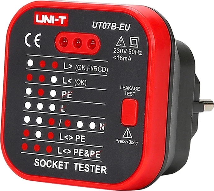Tester vtičnic z RCD, UNI-T UT07B-EU, 230 V, 50–60 Hz, rdeče/črn