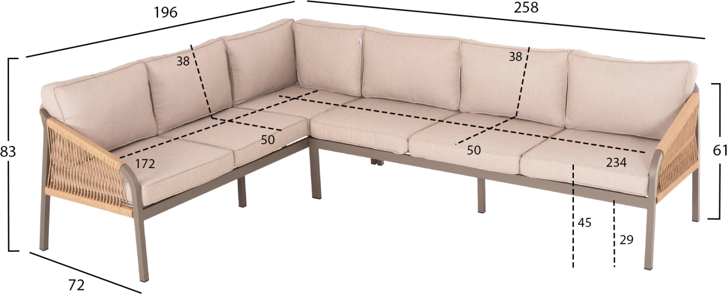 Zunanji kotni lounge set MAERLY FH6140.03 aluminij in blazine v barvi šampanjca-bež sintetična vrv