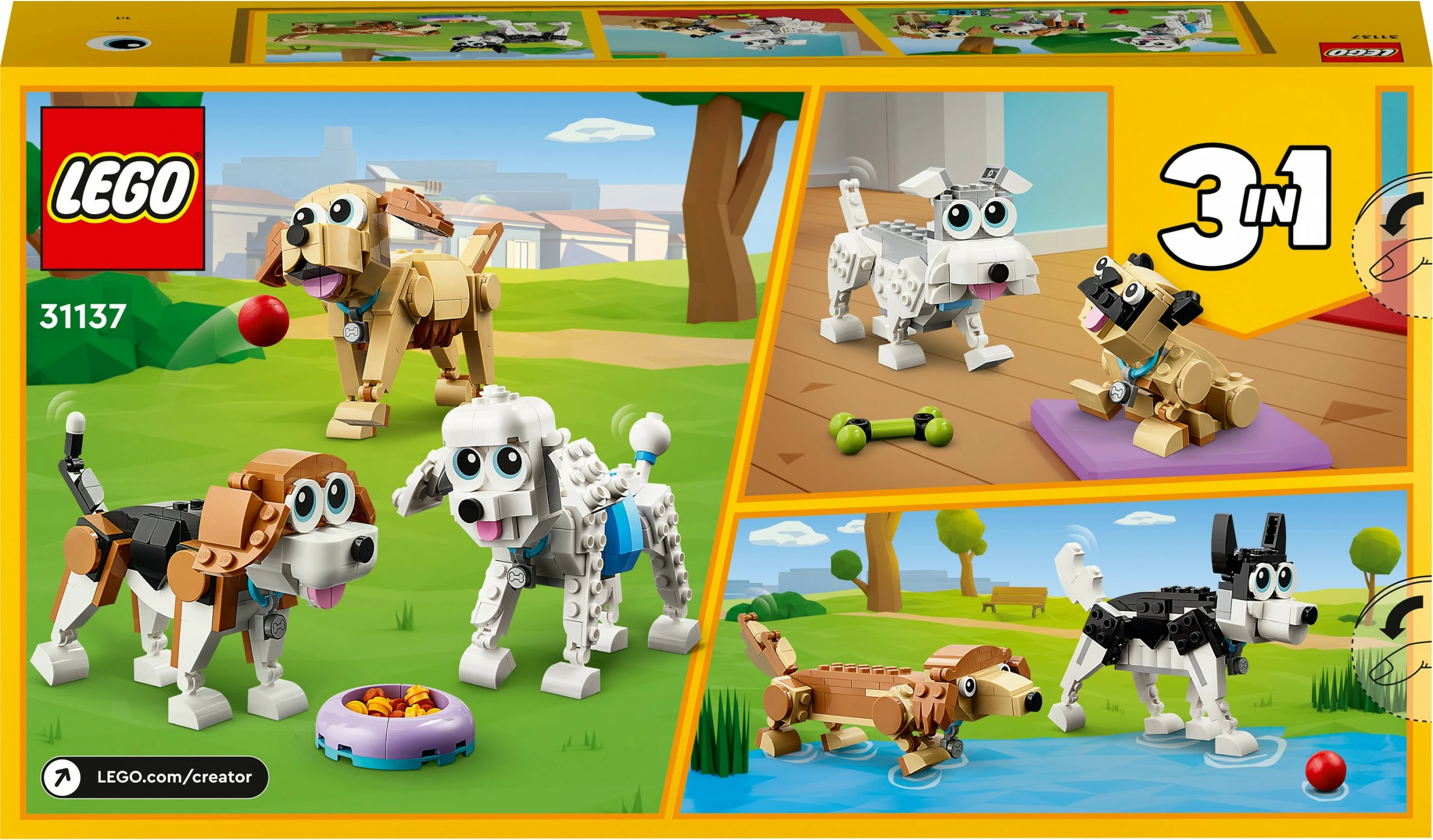 Set za sestavljanje 3-v-1 prikupni psi, LEGO Creator, 475 kosov, večbarven