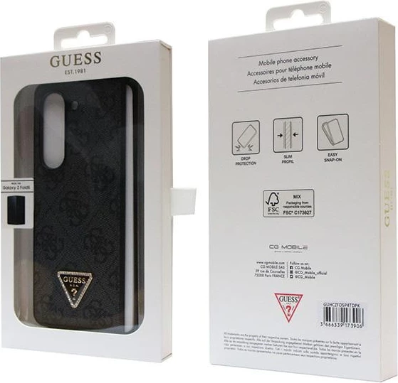 Ovitek iz eko usnja z 4G diamantnim trikotnikom Guess za Samsung Galaxy Z Fold 5, črn