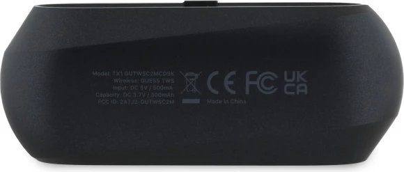 TWS slušalke z metalnim podolgovatim logotipom Guess, polnilna postaja, Bluetooth 5.3, črne