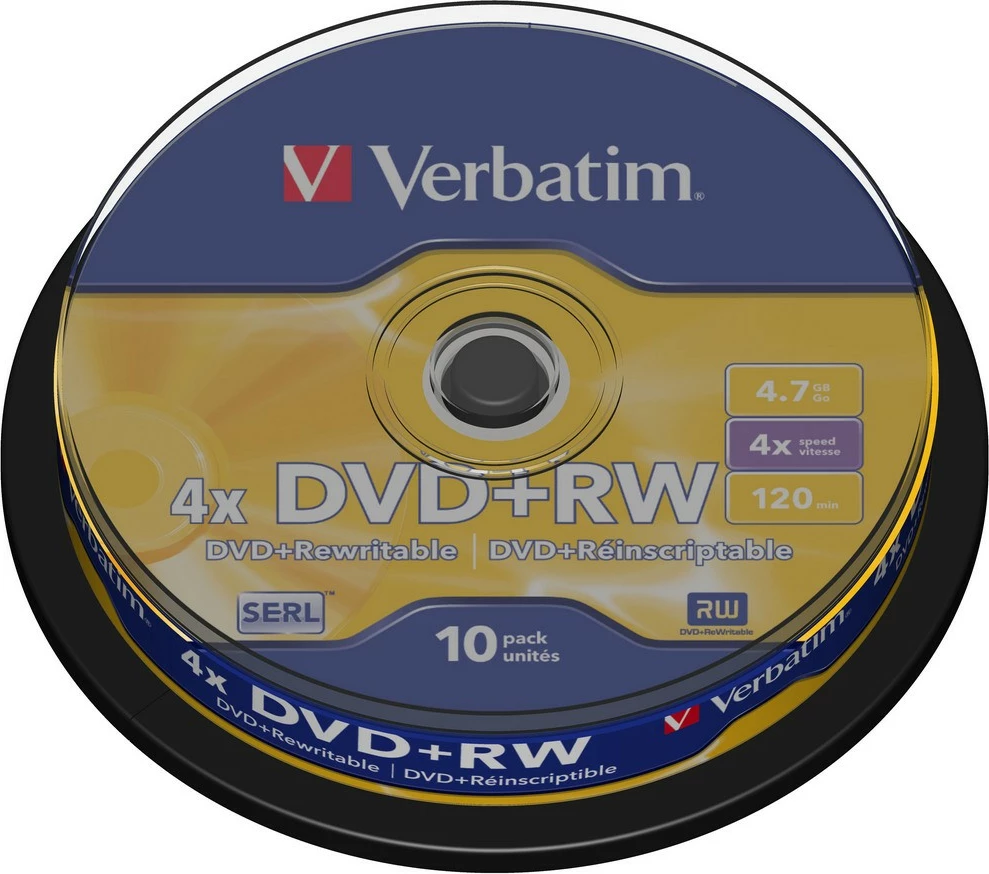 DVD+RW, 4,7 GB, 4x, 10 kosov, Verbatim 43488, spindel