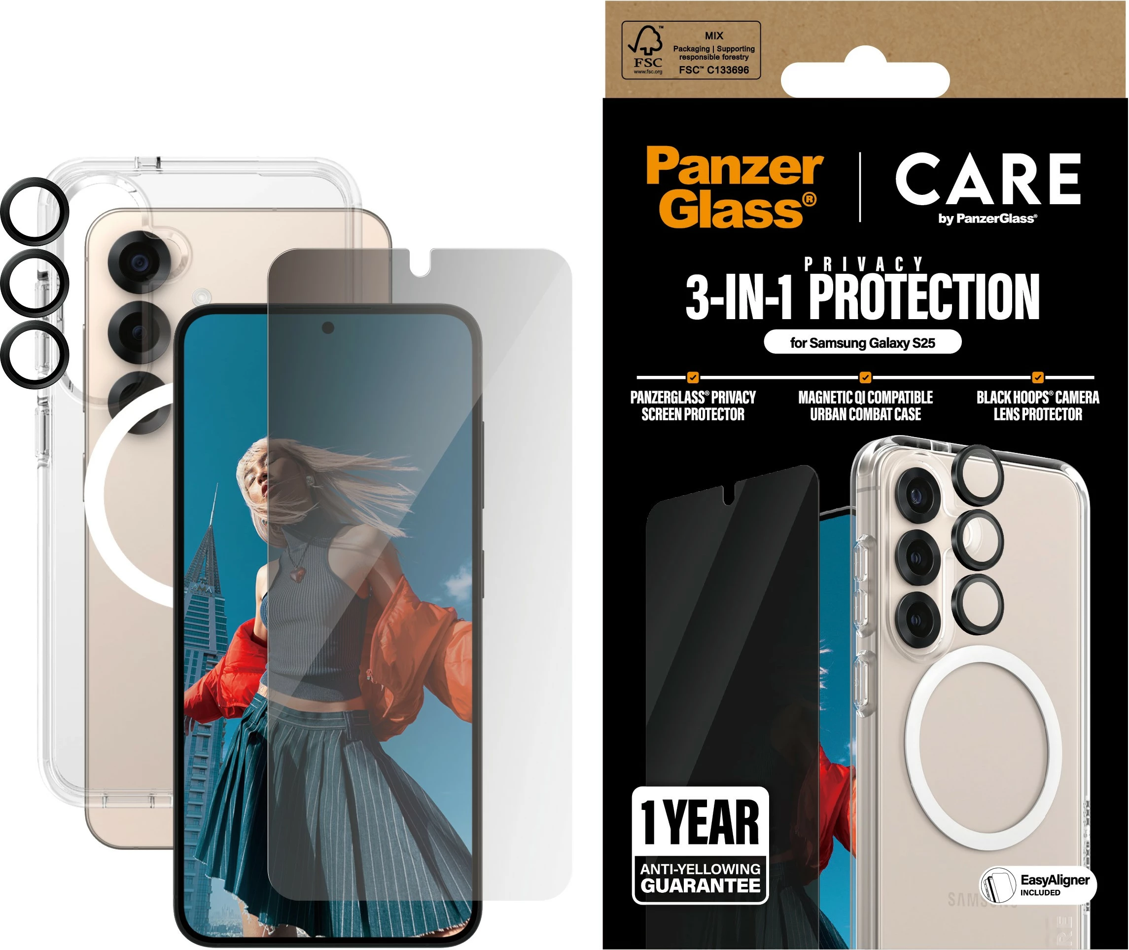 Set zaščite s funkcijo zasebnosti PanzerGlass CARE Flagship 3-v-1 za Samsung Galaxy S25, prozoren