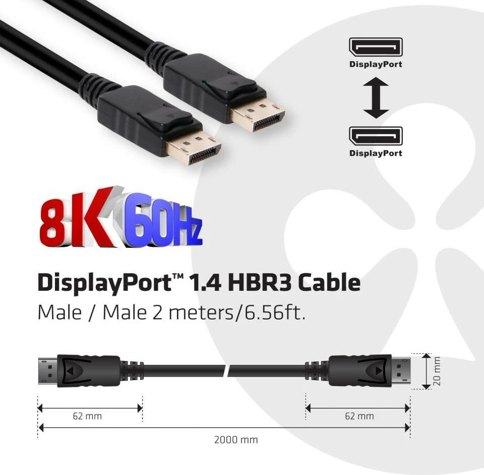 Kabel DisplayPort 1.4 HBR3 2 m, črn — Club3D