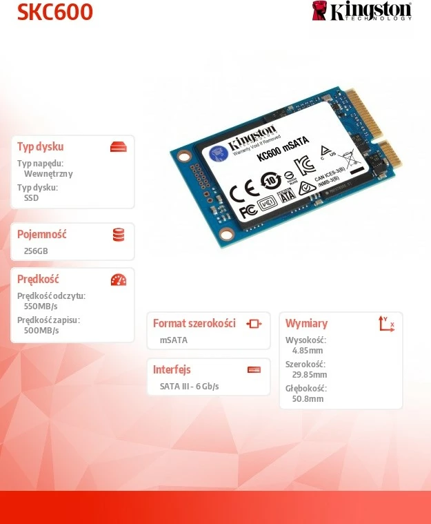 SSD mSATA 256GB, črn Kingston SKC600