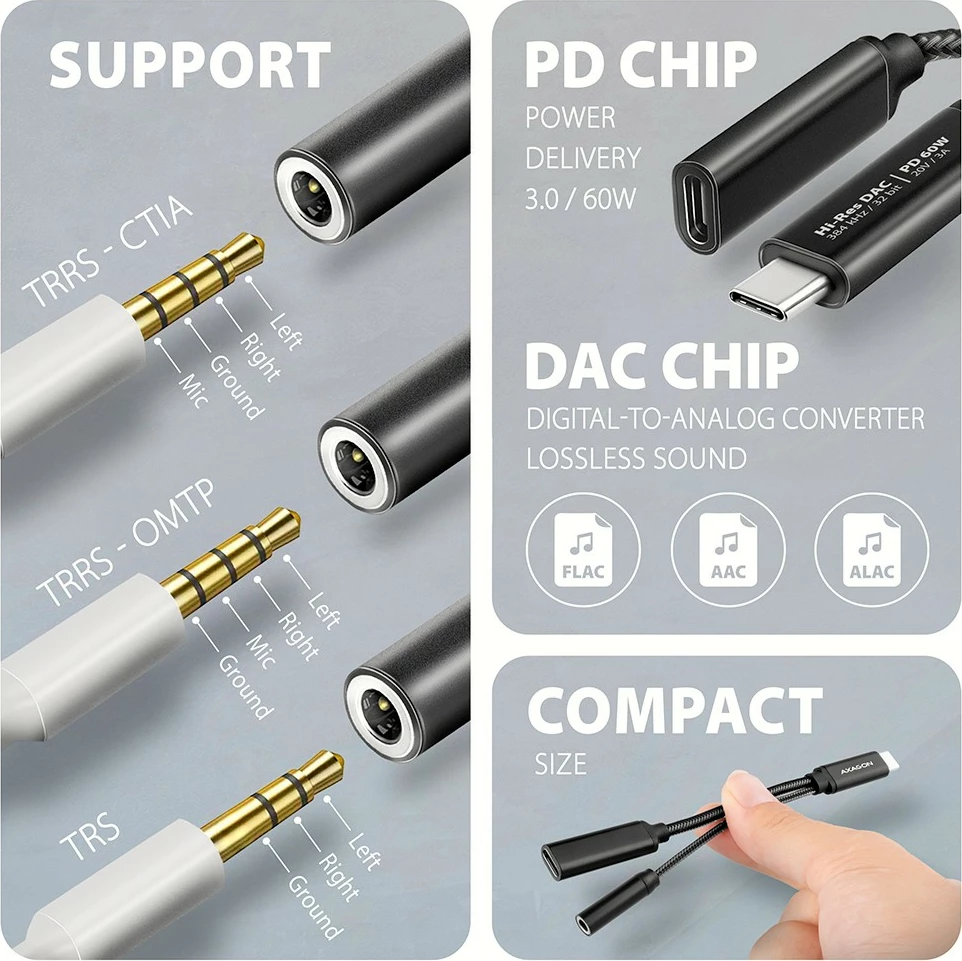 Zunanja zvočna kartica AXAGON ADA-HCPD, USB-C, DAC 32-bit, 384 kHz, PD 60 W, črna