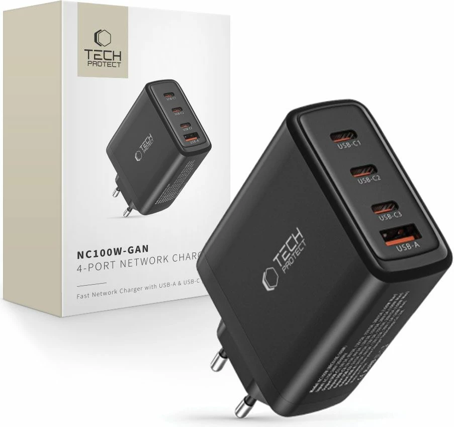 Omrežni polnilec, 4 vrata, 100W, USB-C/USB-A, črn Tech-Protect NC100W-GAN