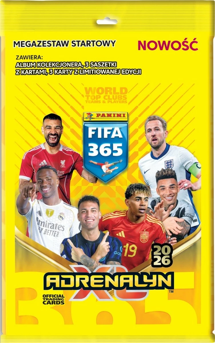 Megaset začetni paket z zbirateljskim albumom in 18 karticami (vključno s 3 omejenimi) Panini FIFA 365 Adrenalyn XL 2026
