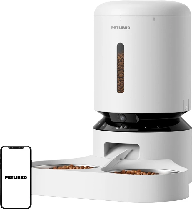 Samodejni razdeljevalnik hrane s kamero Petlibro Granary PL-AF203-36W, 5 L, bel, z dvema skledama