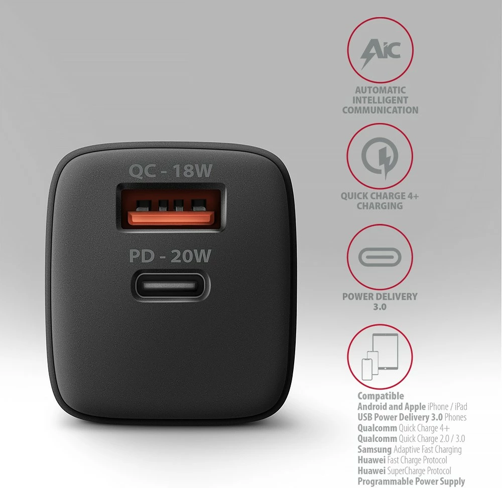 Stenski polnilec, 20 W, 2 vhoda (USB-C PD + USB-A QC), črn, AXAGON ACU-PQ20