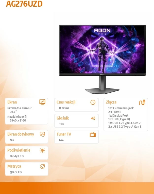 Monitor 26,5" QD-OLED 4K, 240 Hz, HDMIx2, DP, USB-C, Pivot, črn — AOC AG276UZD