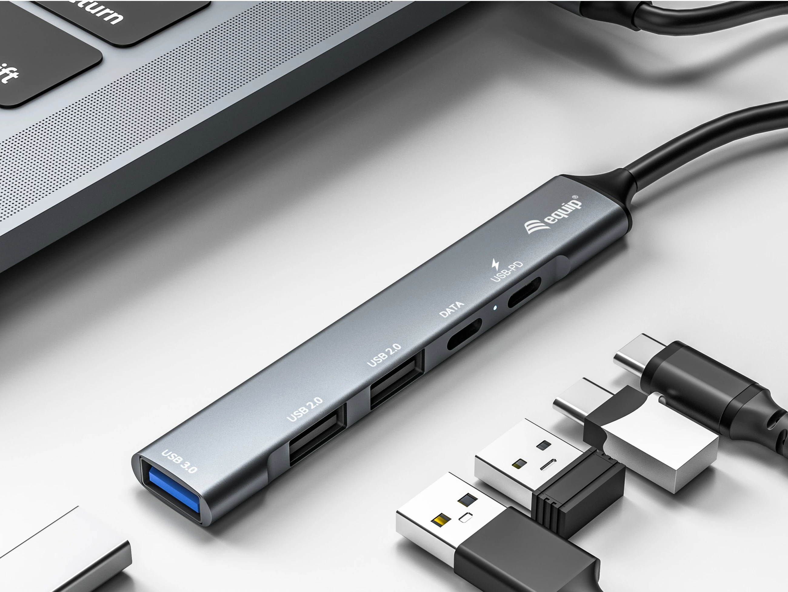 USB razdelilnik Equip, 5 priključkov, USB 3.2 Gen 1/2.0, USB-C PD 100W, alumin, srebrn