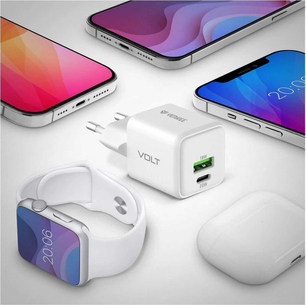 Stenski polnilec, 20 W, 2 USB vrata (USB-A + USB-C), bel, Yenkee YAC G38 VOLT