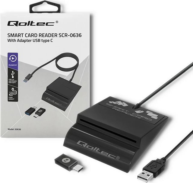 Čitalec čip kartic Qoltec SCR-0636, USB Type C, črn