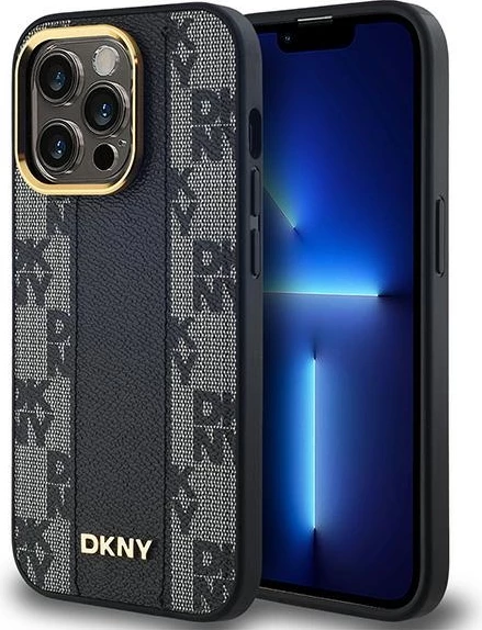 Ovitek za telefon s MagSafe, karo vzorec DKNY Leather Checkered Mono Pattern za iPhone 13 Pro/13, črn