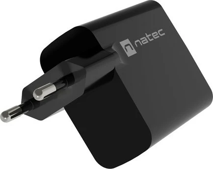 Stenski polnilec Natec Ribera GAN, 45W, 1x USB-A + 1x USB-C, črn