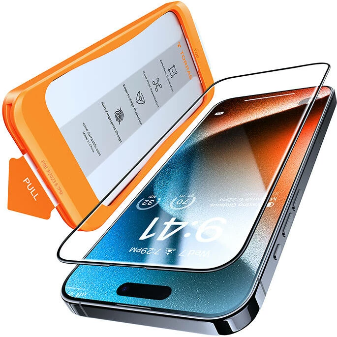 Kaljeno zaščitno steklo Torras InstaII Master za iPhone 15, z montažnim okvirjem