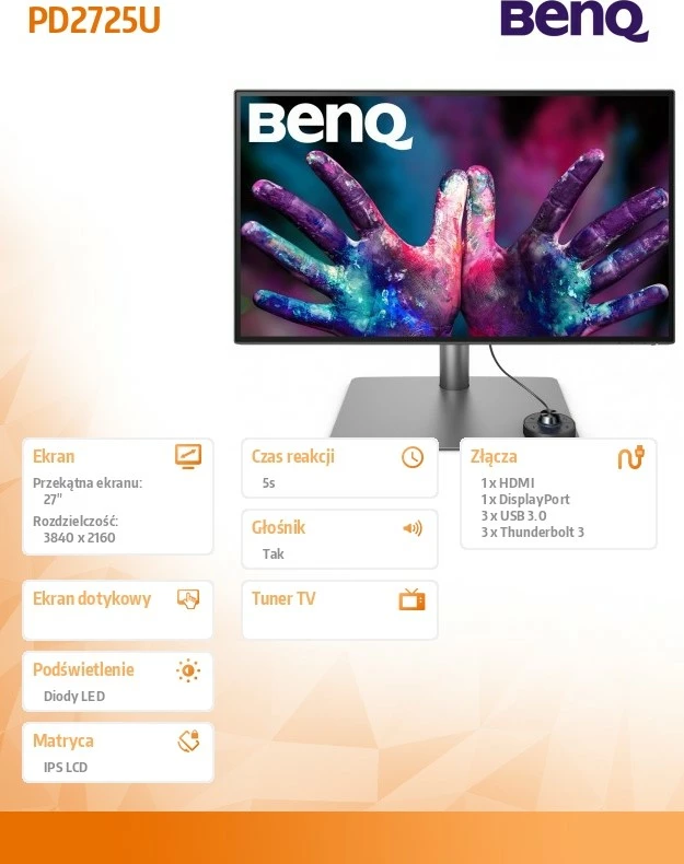 27" 4K UHD IPS monitor, Thunderbolt 3, srebrn — BenQ PD2725U