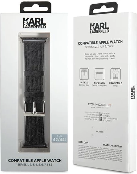 Usnjen pašček Saffiano Monogram za Apple Watch, Karl Lagerfeld, črn, 42/44/45/49 mm