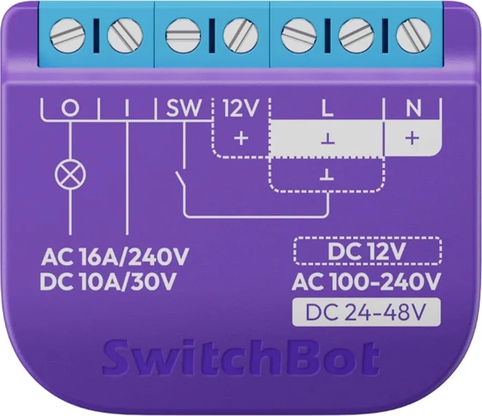 Inteligentno relejsko stikalo z breznapetostnim kontaktom, SwitchBot Relay Switch 1 W5502300, Wi‑Fi + Bluetooth, Matter, 16A, vijolično