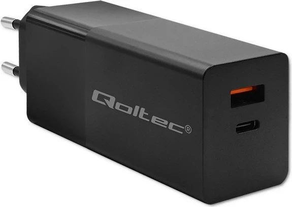 Polnilnik GaN POWER PRO Qoltec, 1x USB Type-C, 1x USB Type-A, 100 W, črn