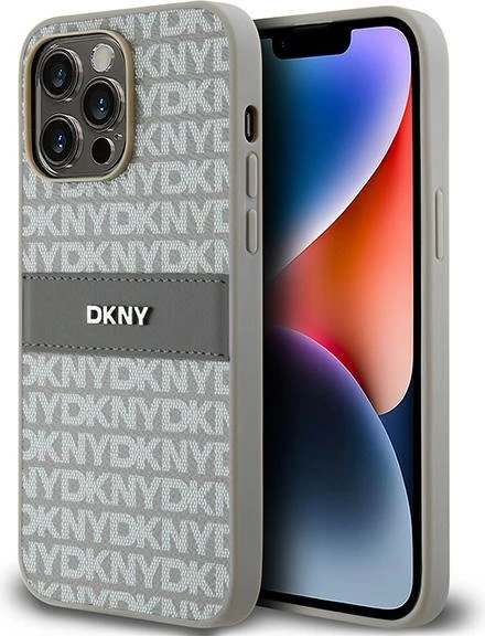 Ovitek Mono Stripe in kovinski logotip za iPhone 14 Pro, DKNY, bež