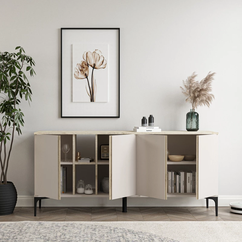 Komoda sivo-bež, marmorni videz površine, Vetine, 180x45x80 cm